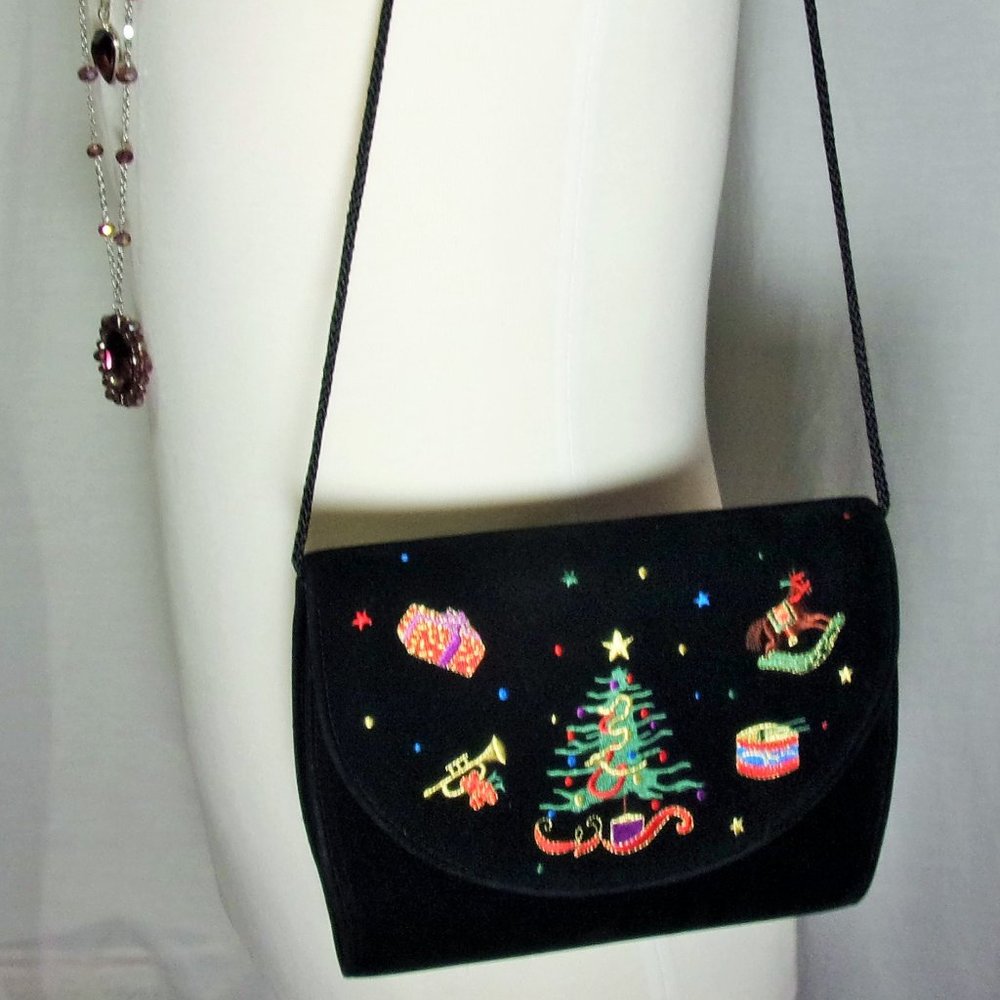 Black Velvet Handbag Embroidered Christmas Theme option strap NWOT